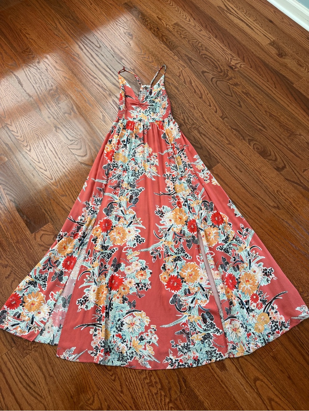 Free People Coral Floral Maxi Dress with Yellow & Aqua Accents